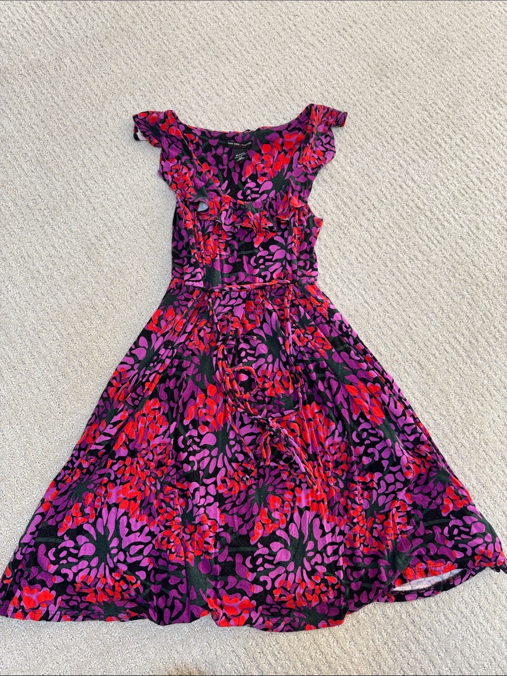 New York & Company Red and Purple Floral Fit-and-Flare Dress